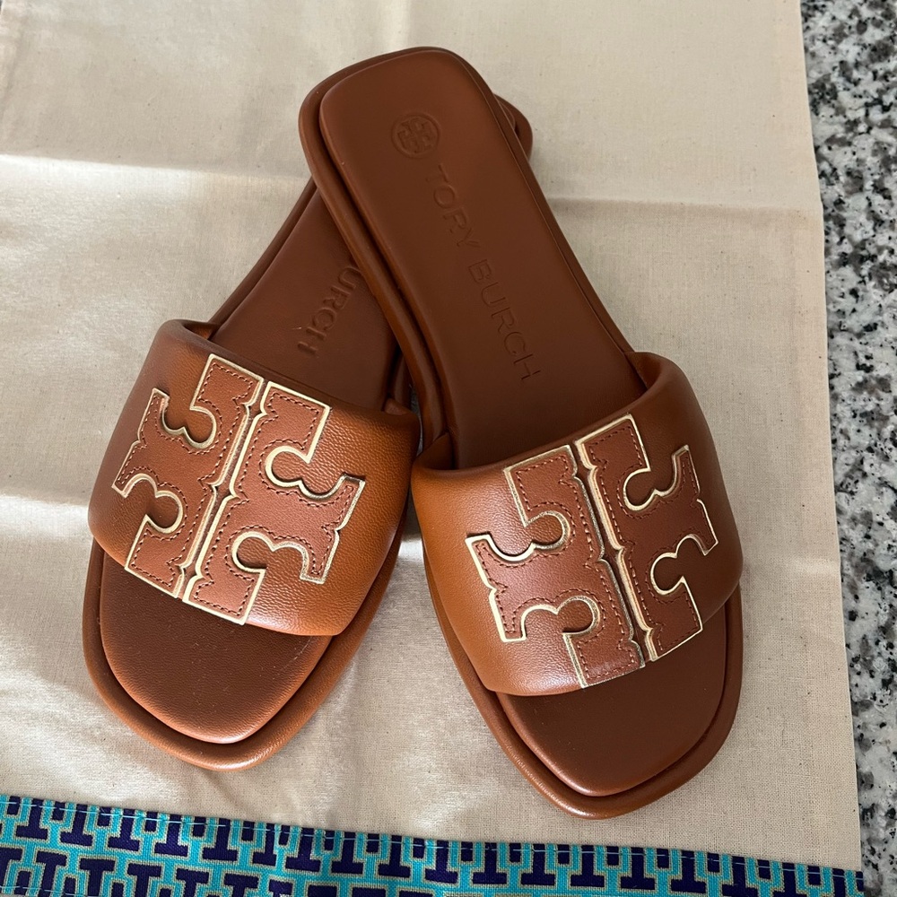 Tory Burch Brown Leather Slip-On Sandals